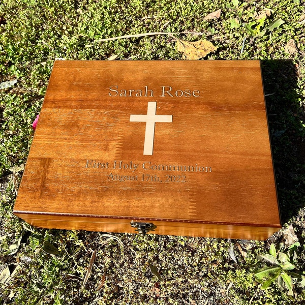 Personalized First Communion / Baptism / Confirmation Engraved Keepsake Wooden Memory Box - Walnut Stain