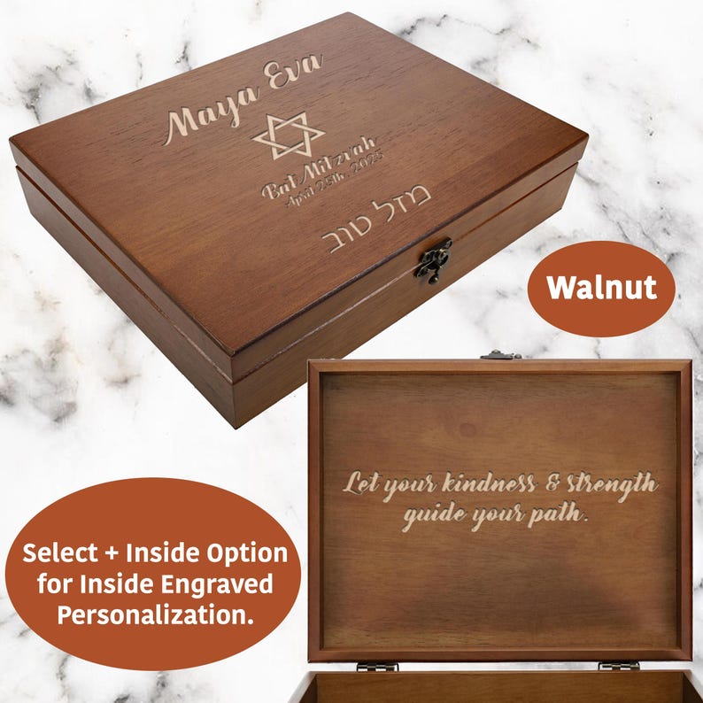 Personalized Bar & Bat Mitzvah Engraved Keepsake Wooden Memory Box image 6