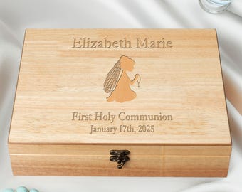 Personalized Wooden Memory Box for Girls - First Communion, Baptism, Confirmation Keepsake Box Gift