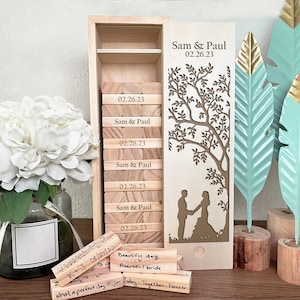 Personalized Wedding Guestbook Wooden Block Tower w/ Case (Couple under Tree) (12&quot;)