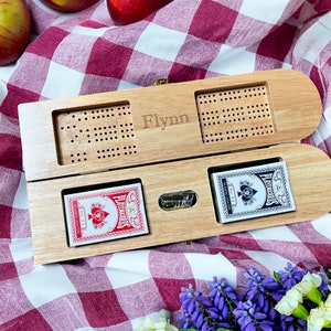 Personalized Wooden 3 Track Cribbage Board w/Metal Pegs & 2 Card Decks - Natural Finish - 15 in.