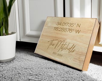 Personalized Wooden Keepsake Box – Coordinates, Family Name, Housewarming Gift