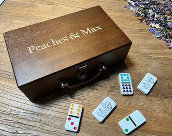 Personalized Mexican Train Dominoes in a Wooden Treasure Box