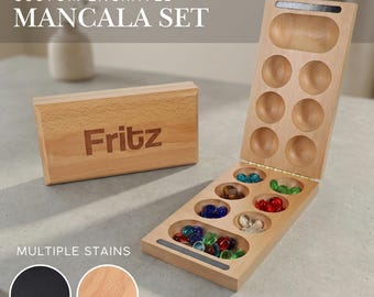 Mancala Game Personalized Wooden Board, Folding Travel Set with Glass Stones, Custom Engraved