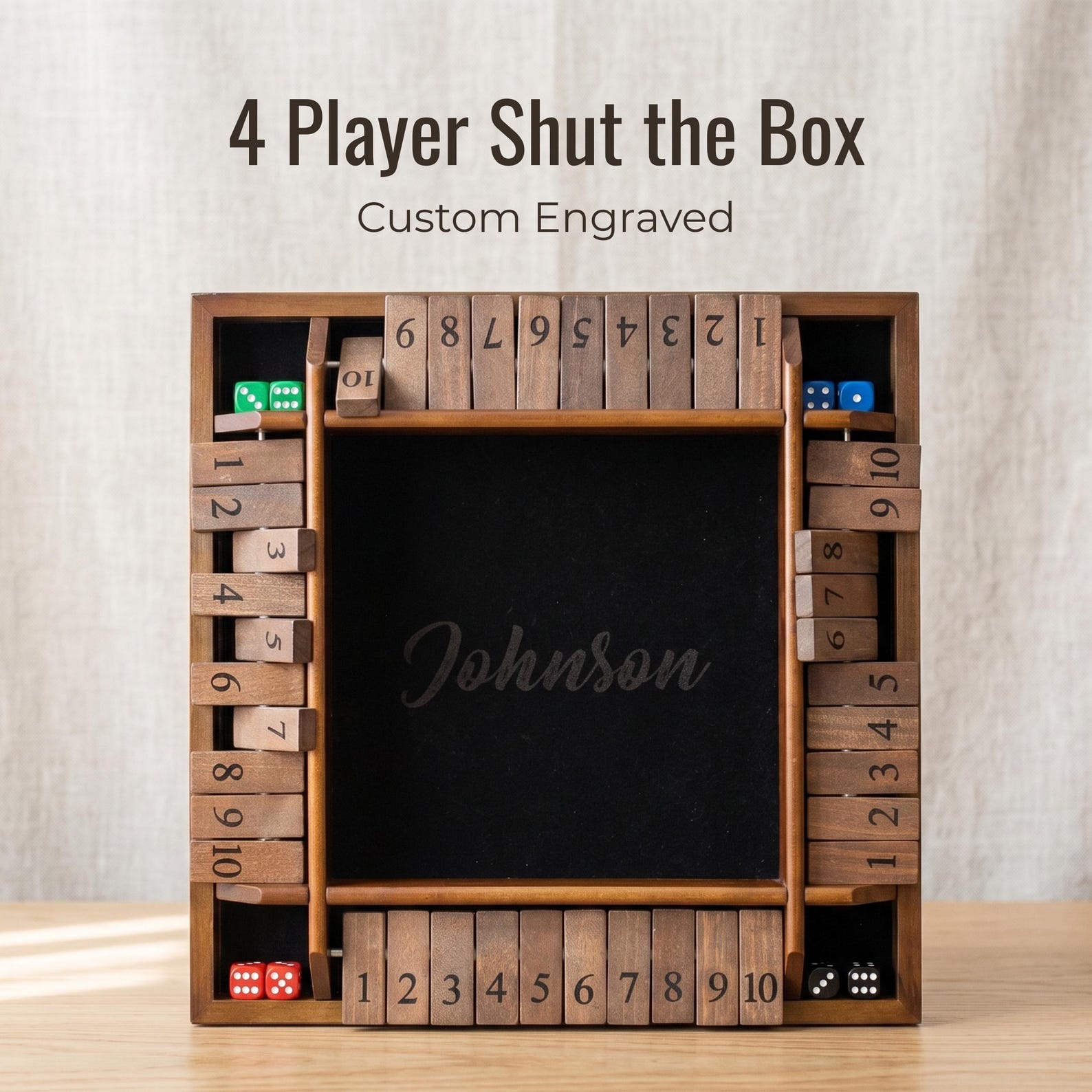 Personalized 4-Player Shut the Box Game, Choice of Size and Stain, Family Game Night Gift