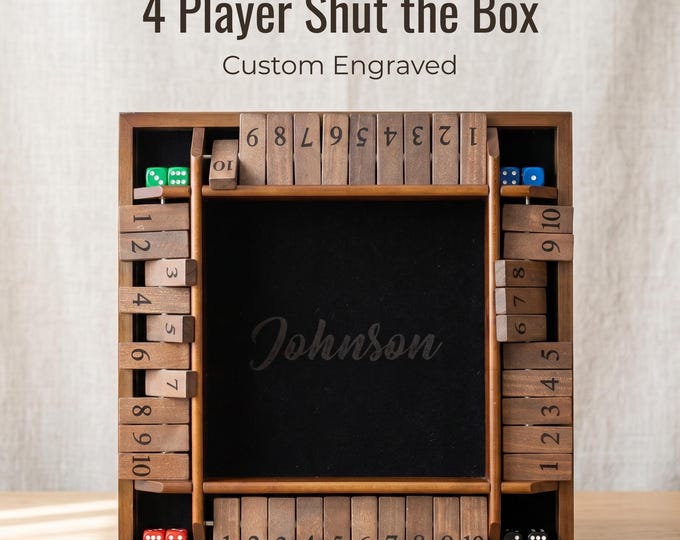 Personalized 4-Player Shut the Box Game, Choice of Size and Stain, Family Game Night Gift