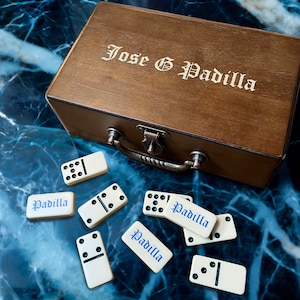 Personalized Double 9 Dominoes in a Wooden Treasure Box