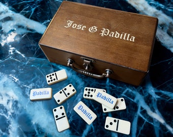 Personalized Double 9 Dominoes in a Wooden Treasure Box