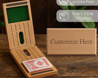 Personalized 2 Track Foldable Travel Cribbage Set w/ Storage, Cards & Metal Pegs - Solid Wood