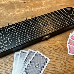 Personalized Cribbage Board 15 Inch, Black Stained Hardwood, 3 Track with Metal Pegs, Engraved Wood Gift for Card Players