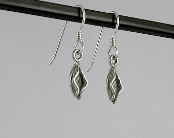May include: A pair of silver dangle earrings with a textured leaf design.
