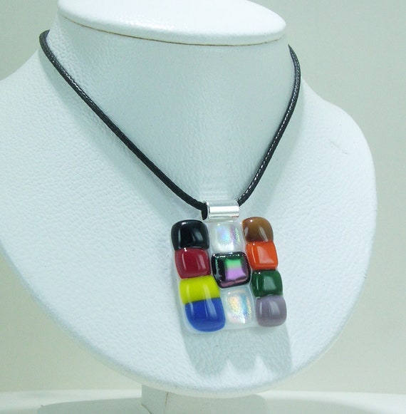 Multicolor Glass Pendant Necklace with Black Cord Multicolor Glass Pendant Necklace with Black Cord