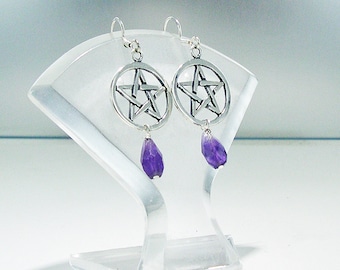 Pentagram Earrings with Amethyst Drops