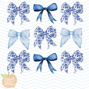 May include: Nine blue watercolor bows with different patterns. Some bows are solid blue, while others have a white and blue floral pattern.