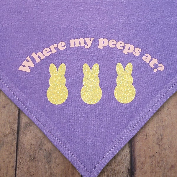 Where my peeps at? Easter V-Shirt. Over-the-collar dog bandana in yellow cotton knit. Funny. Silly. Bunny. Treat.