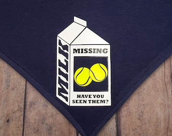 Have you seen them? Lost balls funny over-the-collar dog bandana. Navy blue cotton knit.