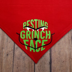 Resting Grinch Face. Funny over-the-collar holiday dog bandana. Christmas. Silly.