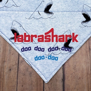 Labrashark Doo Doo Doo-Doo Doo-Doo.  Funny over-the-collar dog bandana. Shark Week. Summer Collection.