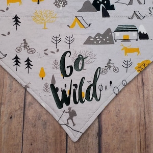 Go Wild. Wilderness-patterned over-the-collar dog bandana. May be personalized.
