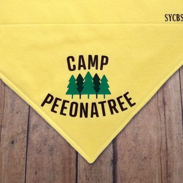 Camp Peeonatree. Funny, over-the-collar, dog bandana. Happy Camper. Hiking. Camping. Summer. Travel. Adventure Collection.