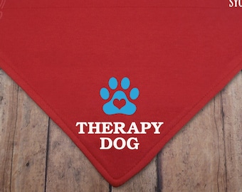 Therapy Dog with paw print. Over-the-collar, cotton knit dog bandana. May be personalized.