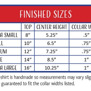 May include: A chart showing finished sizes for V-shirts in inches. The chart lists sizes from extra small to extra large, with corresponding measurements for top, center height, and collar width.