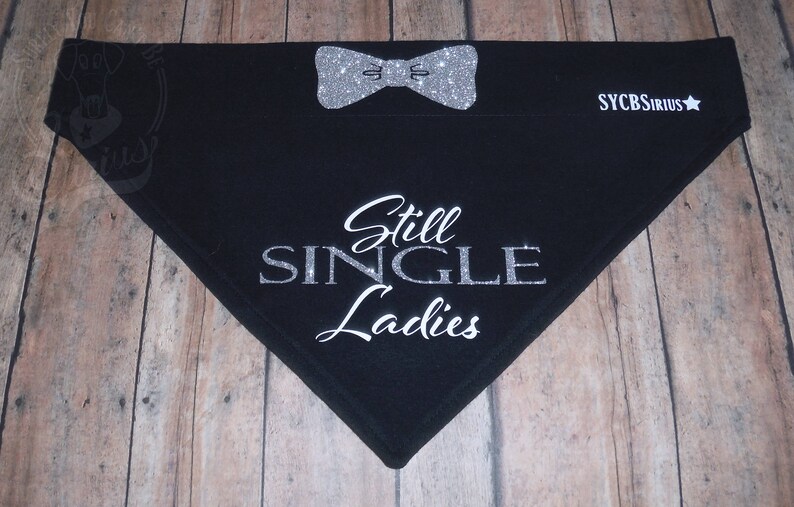 May include: Black dog bandana with silver glitter bow tie and the text "Still Single Ladies" in silver glitter.