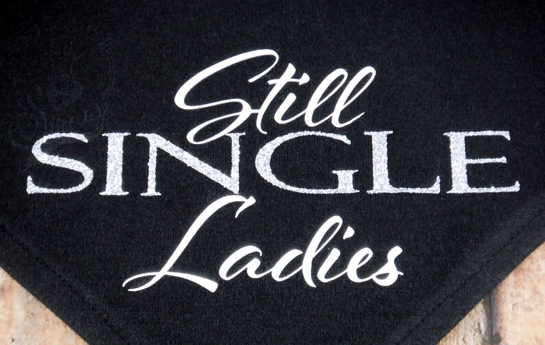 May include: Black fabric bandana with white glitter lettering that reads "Still Single Ladies".