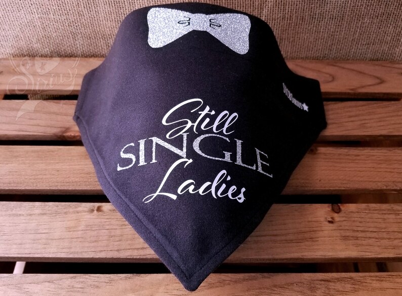 May include: Black fabric bib with a silver bow and the text "Still Single Ladies" in silver glitter.