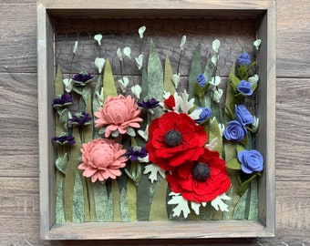 Felt flower shadow box;Felt flower wreath;rustic wall decor, Spring wall decor,gallery wall,spring floral,wall decor,felt floral,Mothers Day