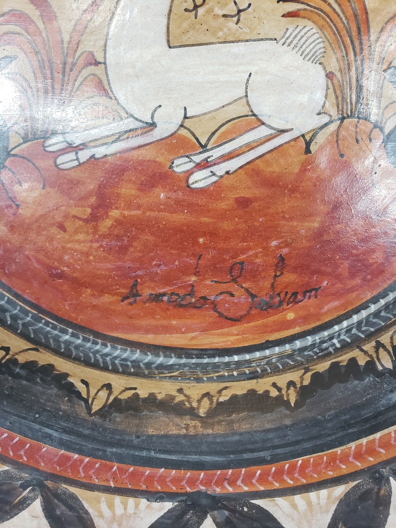 Hand Painted 1950s Amado Galvan Charger Signed Vintage Tonala Pottery