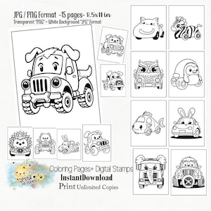 Páginas para colorear de coches con características de animales y sellos digitales transparentes, hojas de actividades, imprimibles, creación de tarjetas, álbumes de recortes, páginas para colorear para niños.