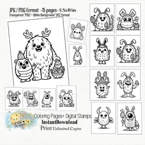 Páginas para colorear de monstruos de Pascua digitales y sellos digitales transparentes, hojas de actividades, imprimibles, creación de tarjetas, álbumes de recortes,