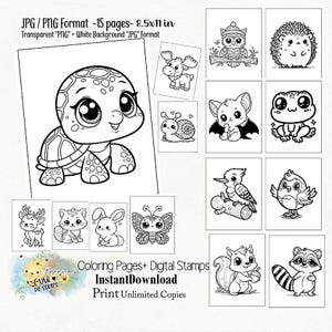 Páginas para colorear digitales de animales del bosque para bebés y sellos digitales transparentes, hojas de actividades, imprimibles, creación de tarjetas, álbumes de recortes,