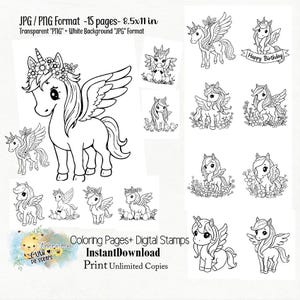 Páginas para colorear de Pegaso digital y sellos digitales transparentes, hojas de actividades, imprimibles, creación de tarjetas, álbumes de recortes,