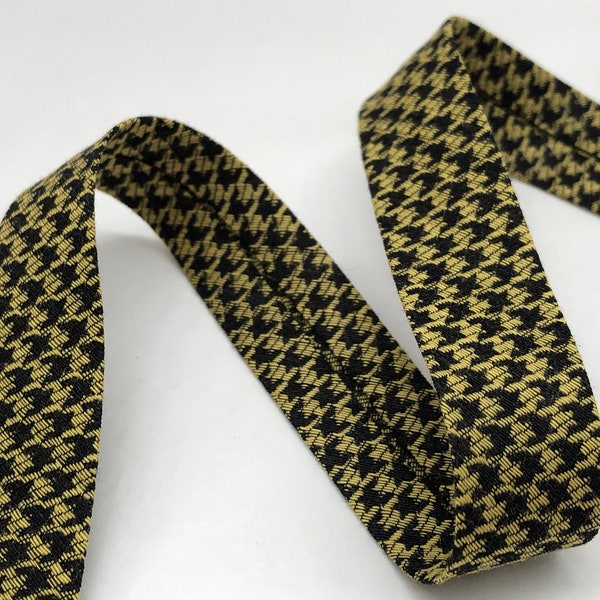 Biais tissé motif pied de poule jaune et noir pré-plié, vendu au mètre