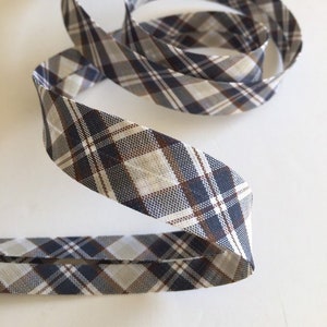 Scottish check bias tartan style navy blue and brown check pattern, cotton bias 2cm wide, sold by the meter