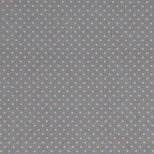 May include: A close-up of a fabric with a repeating pattern of small, evenly spaced, light tan polka dots on a muted blue background. The fabric has a slightly textured appearance.