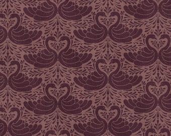 Toile cirée en coton enduit PVC rouge bordeaux motif imprimé couple de cygnes, vendu par multiples de 10cm (X142cm)