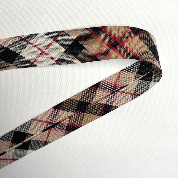 Biais coton a carreaux écossais style tartan, coloris rouge, beige et noir, vendu au mètre