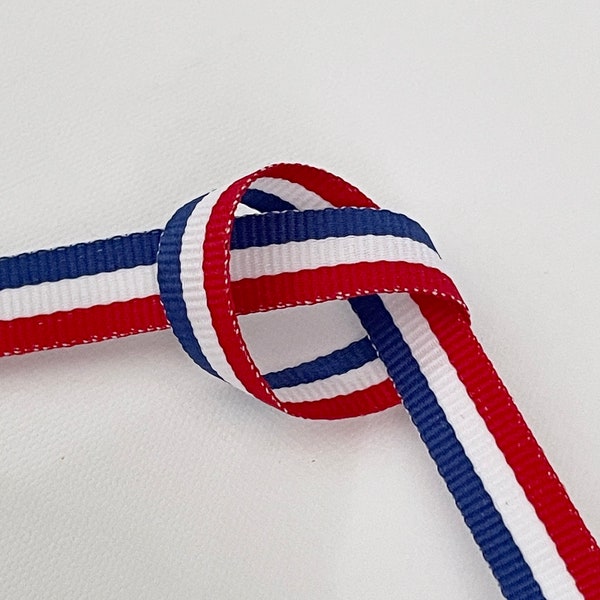 Tricolor French flag ribbon blue white red 10mm wide, sold cut in multiples of 3 meters, 5 meters, or 10 meters