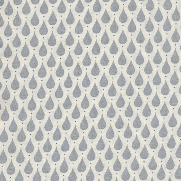 Toile cirée en coton enduit PVC motif gouttes bleu-gris sur fond blanc, vendu a la coupe par multiples de 10cm