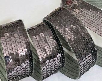 Round sequined trim in hematite grey, 6 rows of 3cm wide, sold by the cut in multiples of 25cm