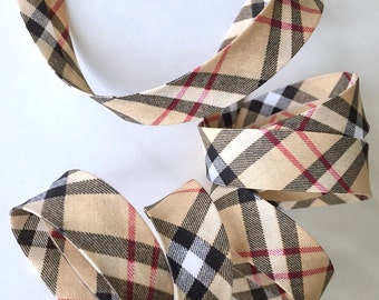 Biais coton beige imprimé motif carreaux écossais style Tartan en noir et rouge, Vendu a la coupe par multiple de 1 mètre