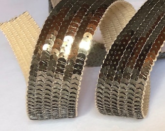 Round sequin sequin braid gold green Lichen khaki metallic 6 rows 3cm wide, sold to cut in multiples of 20cm