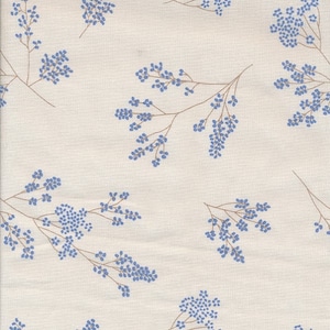 Coated cotton oilcloth with small blue flower print on ecru, sold by the cut in multiples of 10cm