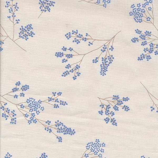 Toile cirée en coton enduit avec imprimé petites fleurs bleu sur écru, vendu a la coupe par multiples de 10cm