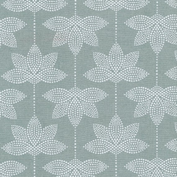 Toile Cirée en Coton Enduit Vert Amande A Motif Fleurs de Lotus, Tissu Pour Confection Nappe, Vendu