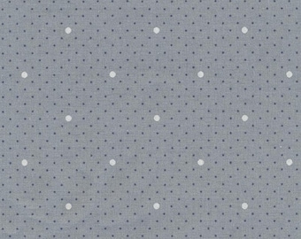 Toile cirée en coton enduit PVC bleu-gris motif pois blanc et gris, vendu a la coupe a partir de 10cm