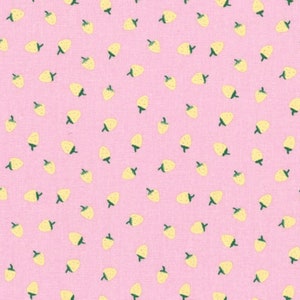 Fruit printed oilcloth in PVC coated cotton with yellow strawberry pattern on a pink background, sold in multiples of 10cm X142cm image 2